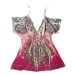 Women's Pink Floral Babydoll Blouse Fairy Size L‎ Vintage Y2K